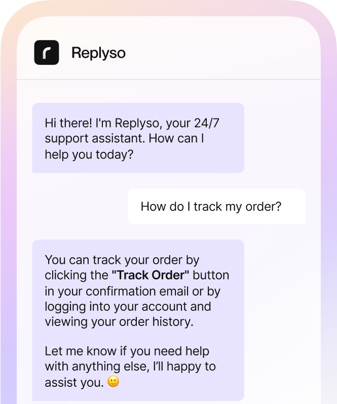 Replyso AI chat interface showing sample customer support conversation